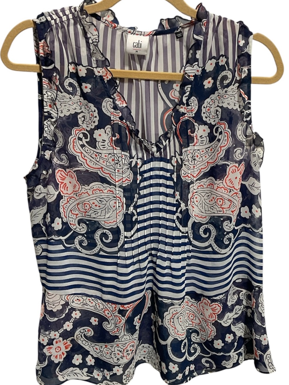 Cabi Navy Paisley Stripe Sleeveless Blouse Size Medium